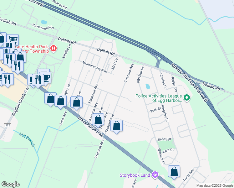 map of restaurants, bars, coffee shops, grocery stores, and more near 34 Madison Avenue in Egg Harbor Township