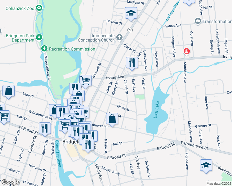 map of restaurants, bars, coffee shops, grocery stores, and more near 101 Marion Street in Bridgeton