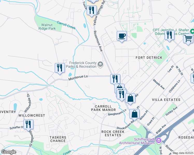 map of restaurants, bars, coffee shops, grocery stores, and more near 350 Montevue Lane in Frederick