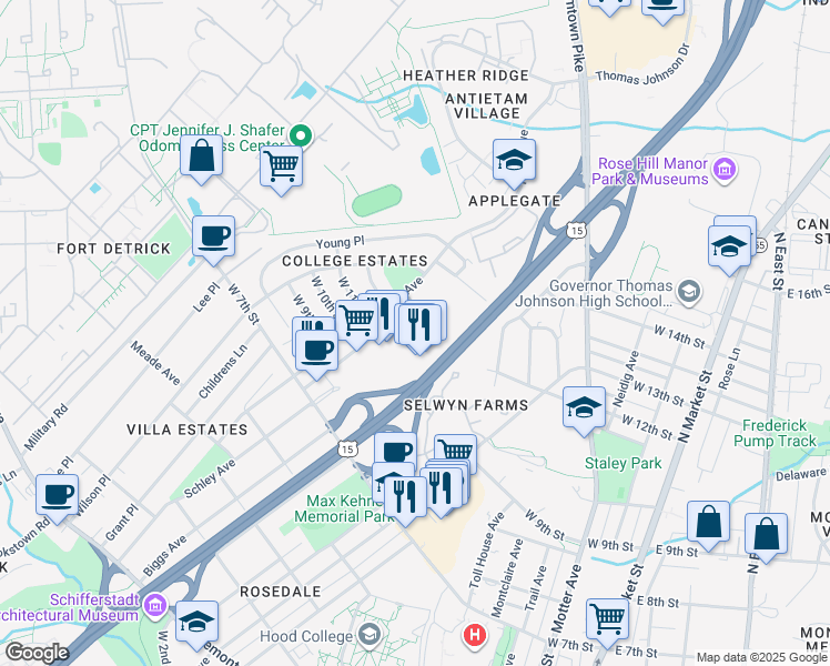 map of restaurants, bars, coffee shops, grocery stores, and more near 1305 West 7th Street in Frederick