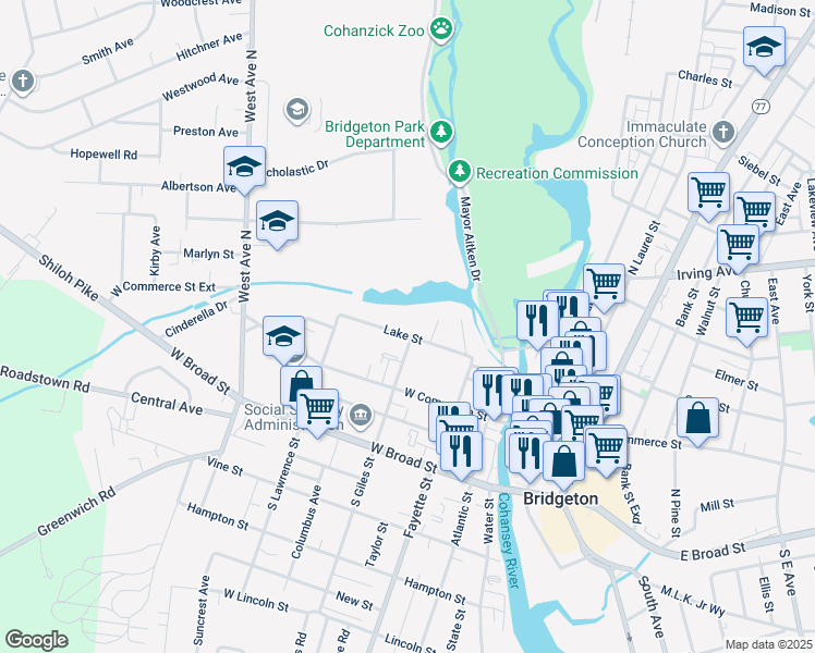 map of restaurants, bars, coffee shops, grocery stores, and more near 35 Lake Street in Bridgeton
