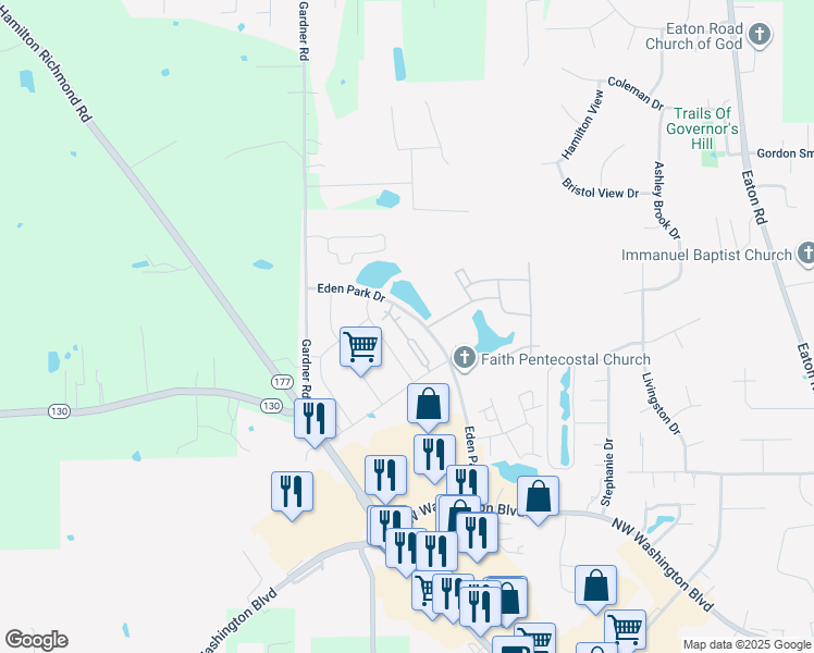 map of restaurants, bars, coffee shops, grocery stores, and more near 1665 Eden Park Drive in Hamilton