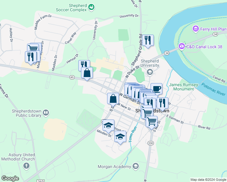 map of restaurants, bars, coffee shops, grocery stores, and more near Shepherdstown Road in Shepherdstown