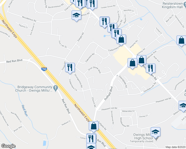 map of restaurants, bars, coffee shops, grocery stores, and more near 10 Whispering Court in Owings Mills