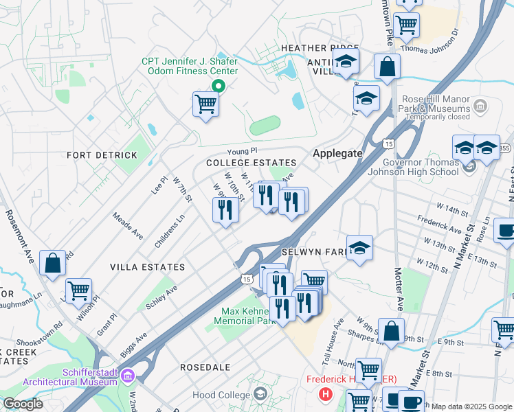 map of restaurants, bars, coffee shops, grocery stores, and more near 1020 Taney Avenue in Frederick