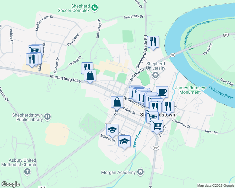 map of restaurants, bars, coffee shops, grocery stores, and more near 104 North Shoe Alley in Shepherdstown
