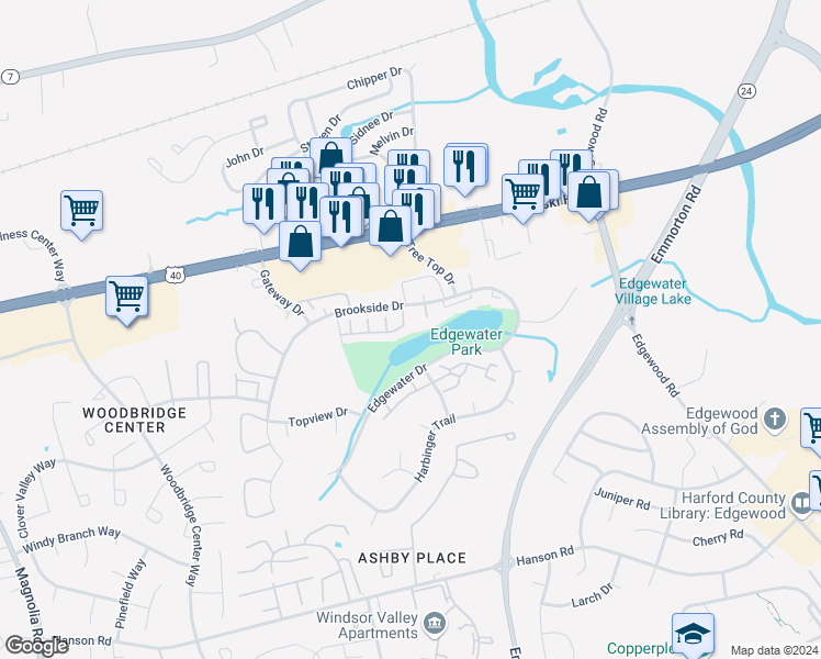 map of restaurants, bars, coffee shops, grocery stores, and more near 1923 Eloise Lane in Edgewood