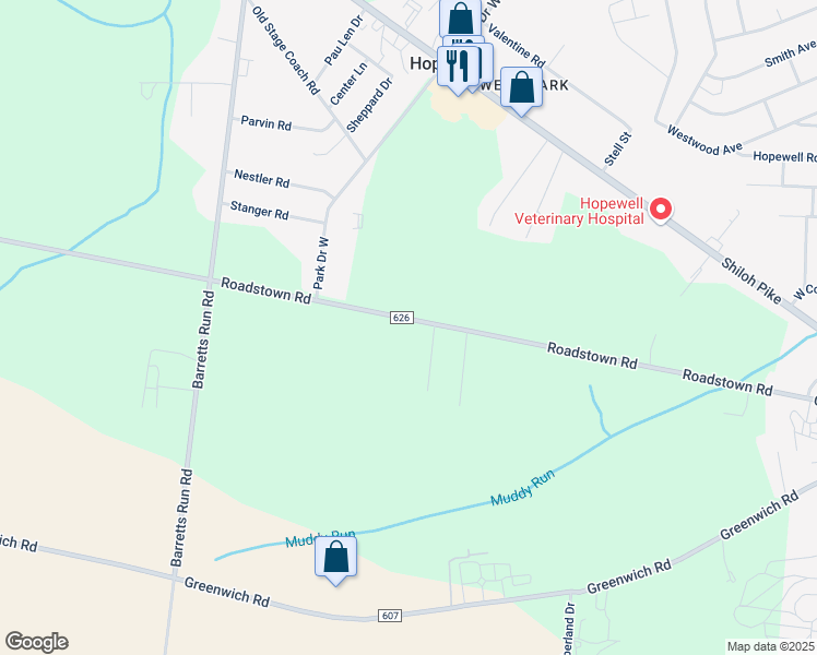 map of restaurants, bars, coffee shops, grocery stores, and more near 258 Roadstown Road in Bridgeton