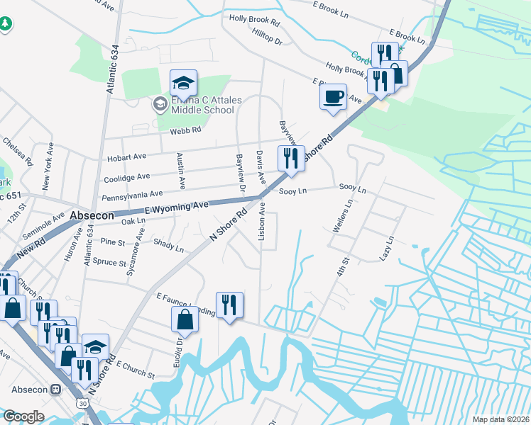 map of restaurants, bars, coffee shops, grocery stores, and more near 8 Cortez Avenue in Absecon