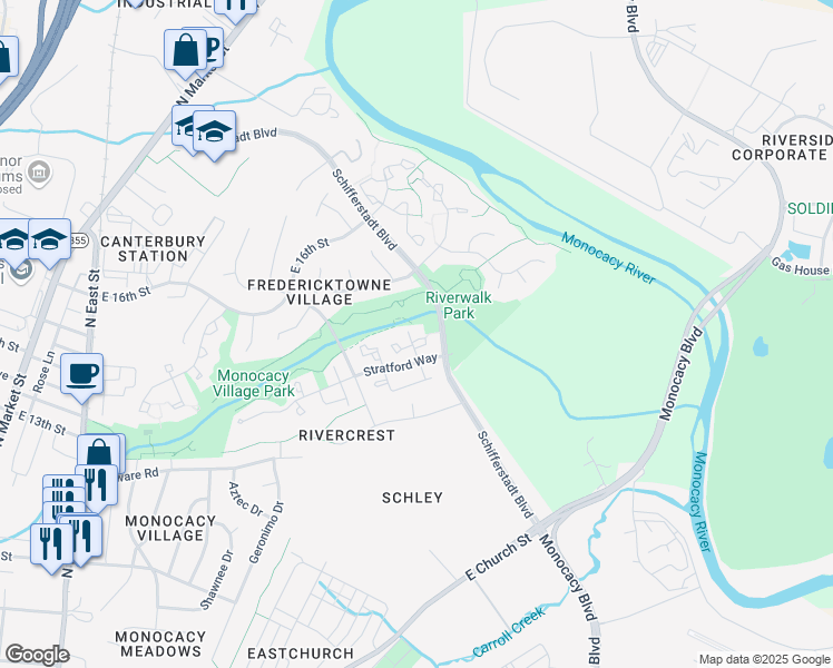 map of restaurants, bars, coffee shops, grocery stores, and more near 819 Stratford Way in Frederick