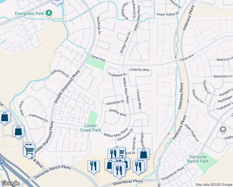 map of restaurants, bars, coffee shops, grocery stores, and more near 1671 Caliterra Way in Reno