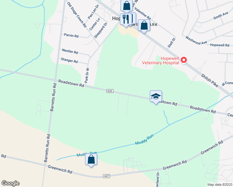 map of restaurants, bars, coffee shops, grocery stores, and more near 258 Roadstown Road in Bridgeton