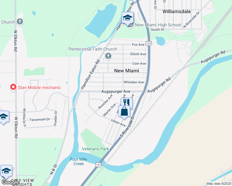 map of restaurants, bars, coffee shops, grocery stores, and more near 191 Augspurger Avenue in Hamilton