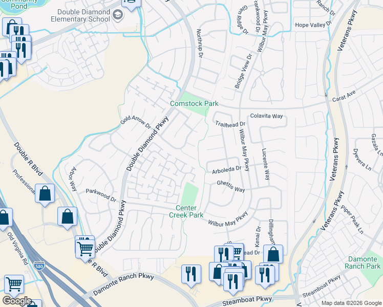 map of restaurants, bars, coffee shops, grocery stores, and more near 1660 Dutch Ravine Court in Reno