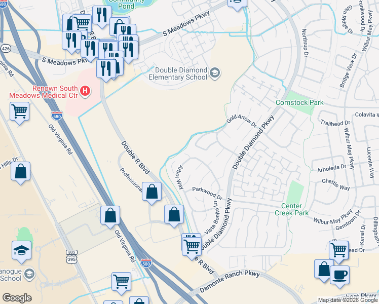 map of restaurants, bars, coffee shops, grocery stores, and more near 10420 Arbor Way in Reno