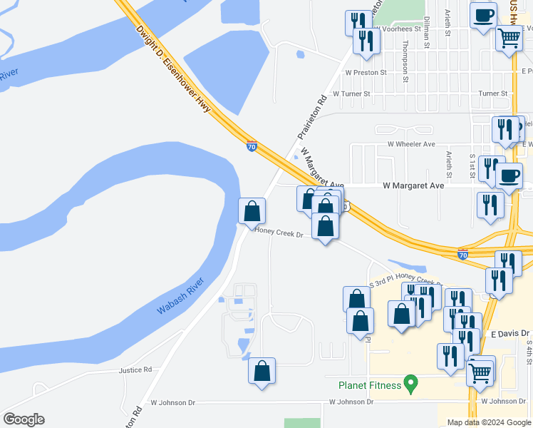 map of restaurants, bars, coffee shops, grocery stores, and more near 2869-2879 6th Place in Terre Haute