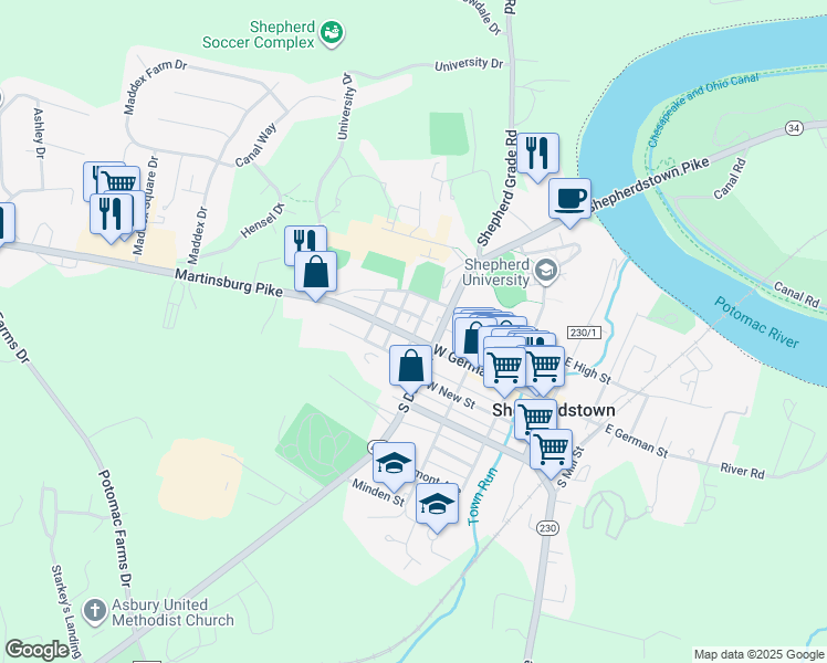 map of restaurants, bars, coffee shops, grocery stores, and more near 104 North Shoe Lane in Shepherdstown