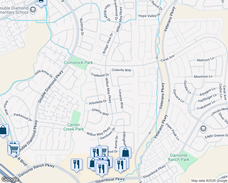 map of restaurants, bars, coffee shops, grocery stores, and more near 10235 Lucente Way in Reno