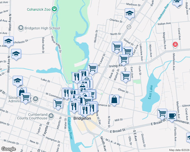 map of restaurants, bars, coffee shops, grocery stores, and more near 104 North Laurel Street in Bridgeton