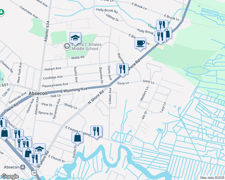 map of restaurants, bars, coffee shops, grocery stores, and more near 8 Cortez Avenue in Absecon