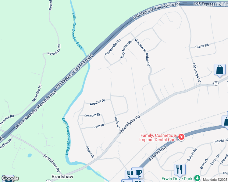 map of restaurants, bars, coffee shops, grocery stores, and more near 1603 Bulls Lane in Joppatowne
