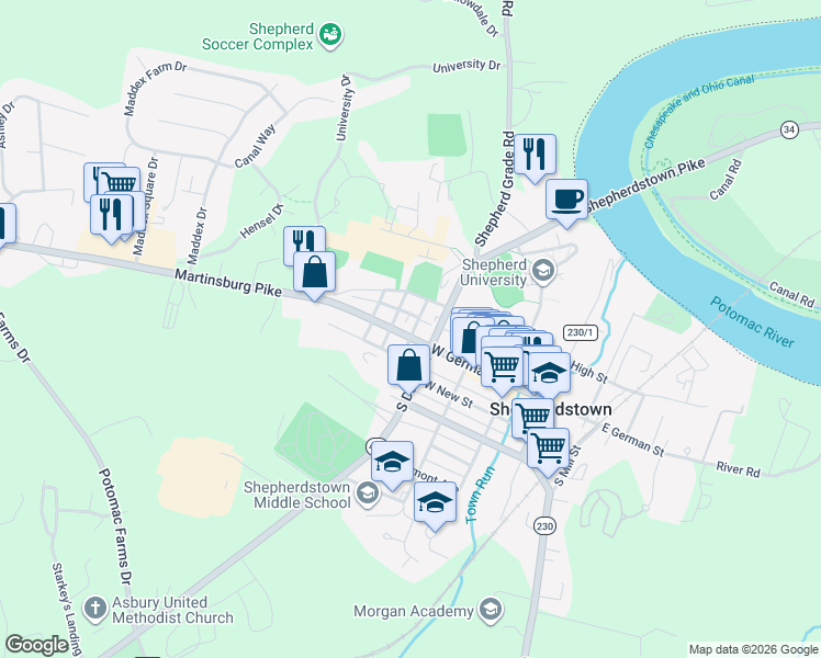 map of restaurants, bars, coffee shops, grocery stores, and more near 102 North Shoe Lane in Shepherdstown