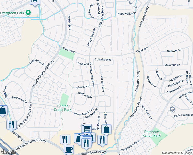 map of restaurants, bars, coffee shops, grocery stores, and more near 10235 Lucente Way in Reno