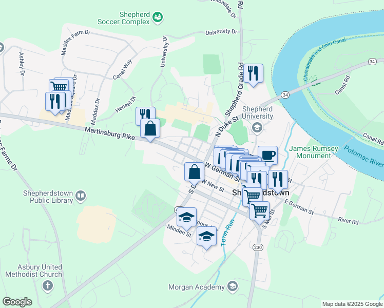 map of restaurants, bars, coffee shops, grocery stores, and more near 315 West German Street in Shepherdstown