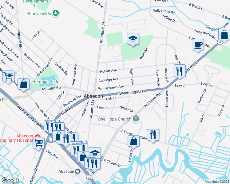 map of restaurants, bars, coffee shops, grocery stores, and more near 241 East Wyoming Avenue in Absecon