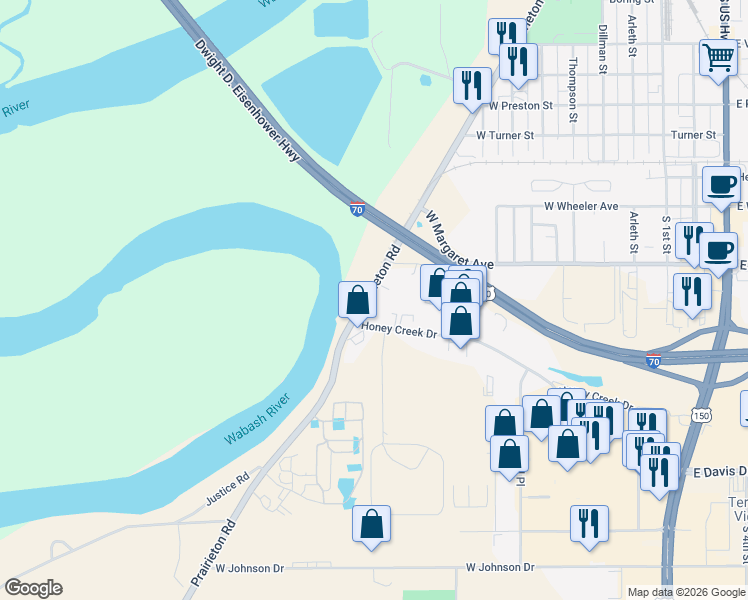 map of restaurants, bars, coffee shops, grocery stores, and more near 2 6th Place in Terre Haute
