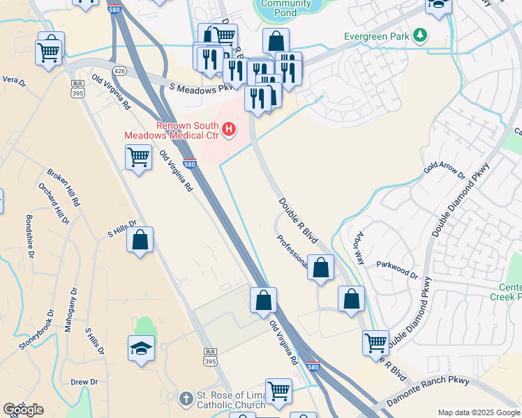 map of restaurants, bars, coffee shops, grocery stores, and more near 10345 Double R Boulevard in Reno