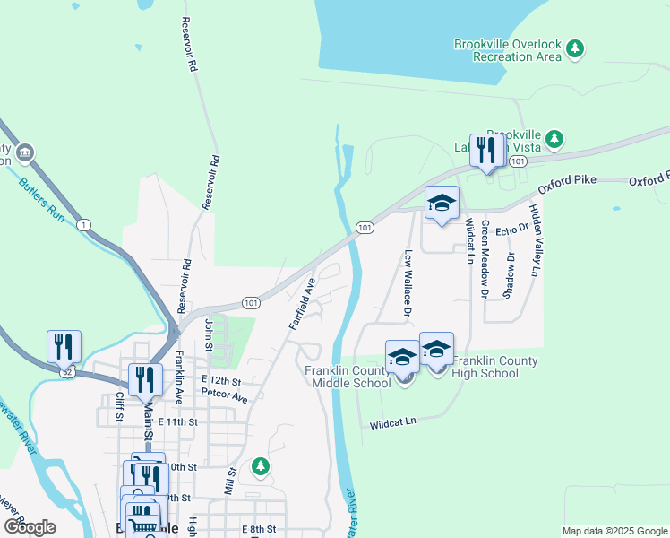map of restaurants, bars, coffee shops, grocery stores, and more near 1390 Fairfield Avenue in Brookville