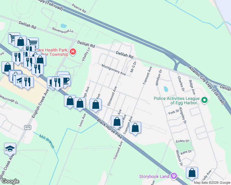 map of restaurants, bars, coffee shops, grocery stores, and more near 205 Ashland Avenue in Egg Harbor Township