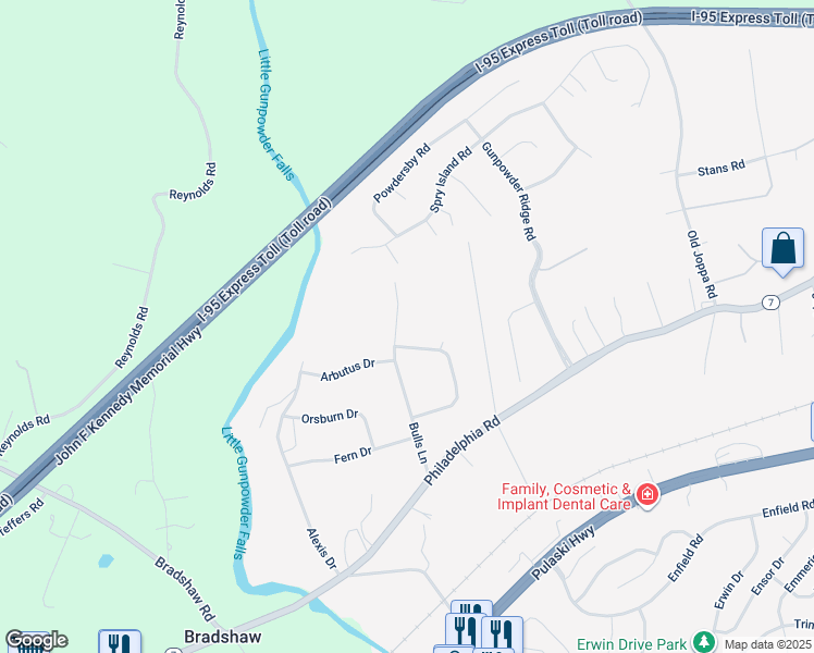 map of restaurants, bars, coffee shops, grocery stores, and more near 1603 Bulls Lane in Joppatowne