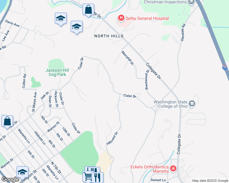 map of restaurants, bars, coffee shops, grocery stores, and more near Cisler Drive in Marietta