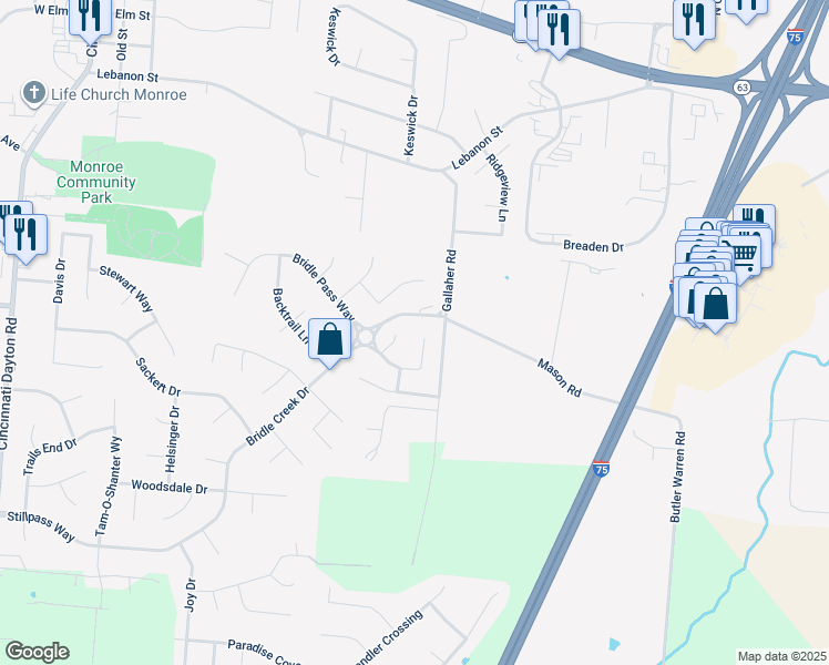 map of restaurants, bars, coffee shops, grocery stores, and more near 110 Bridle Pass Way in Monroe