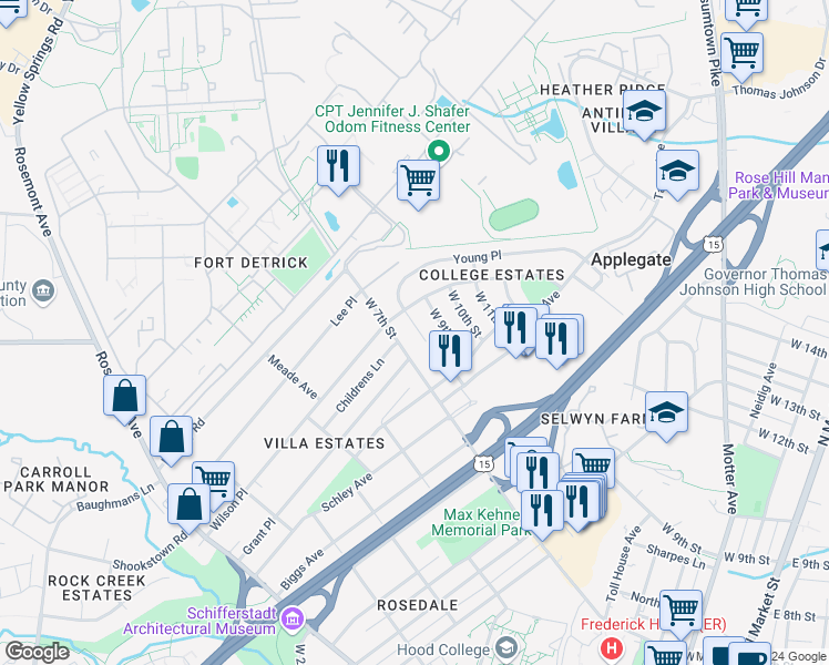map of restaurants, bars, coffee shops, grocery stores, and more near 1506 West 8th Street in Frederick