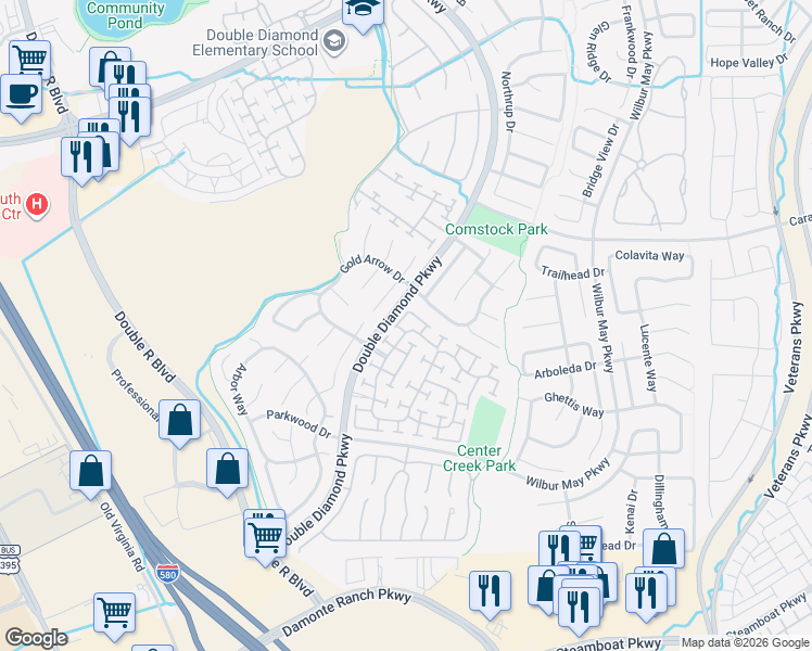 map of restaurants, bars, coffee shops, grocery stores, and more near 10412 Rockport Lane in Reno