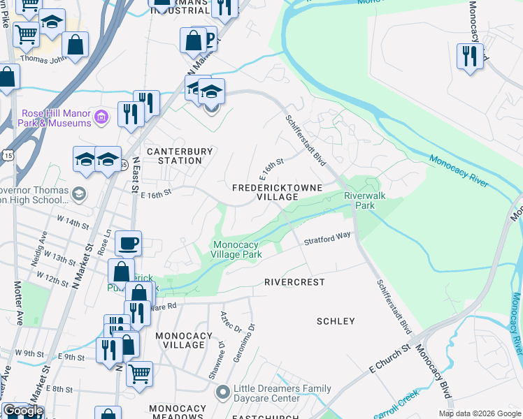 map of restaurants, bars, coffee shops, grocery stores, and more near 795 Cromwell Court in Frederick