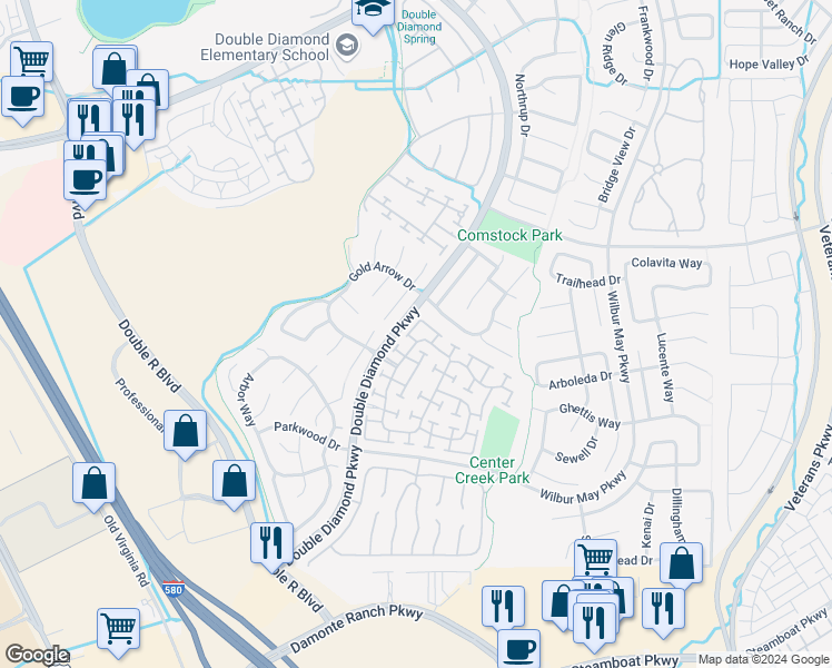map of restaurants, bars, coffee shops, grocery stores, and more near 10412 Rockport Lane in Reno