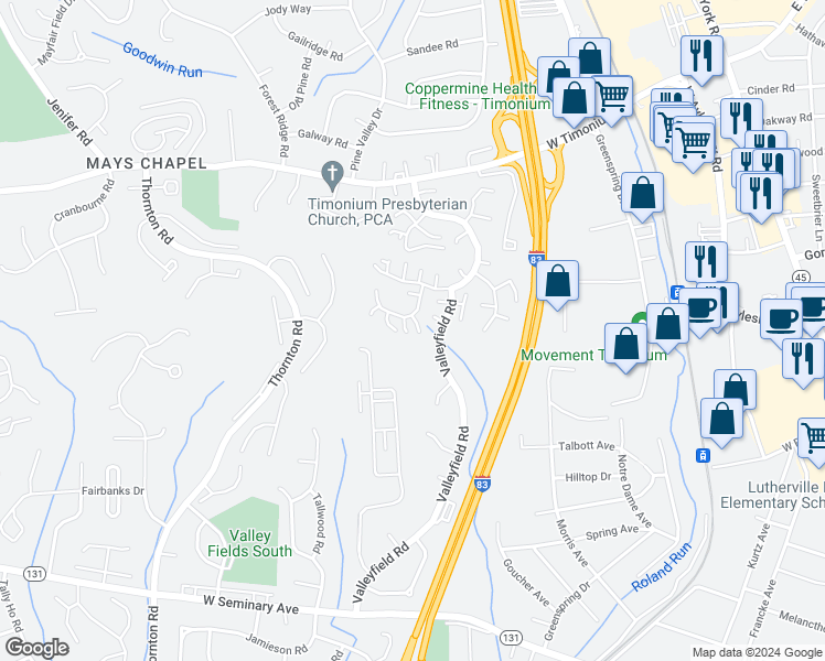 map of restaurants, bars, coffee shops, grocery stores, and more near 15 Gray Squirrel Court in Lutherville-Timonium