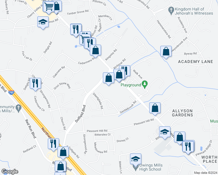 map of restaurants, bars, coffee shops, grocery stores, and more near 11200 Reisterstown Road in Owings Mills