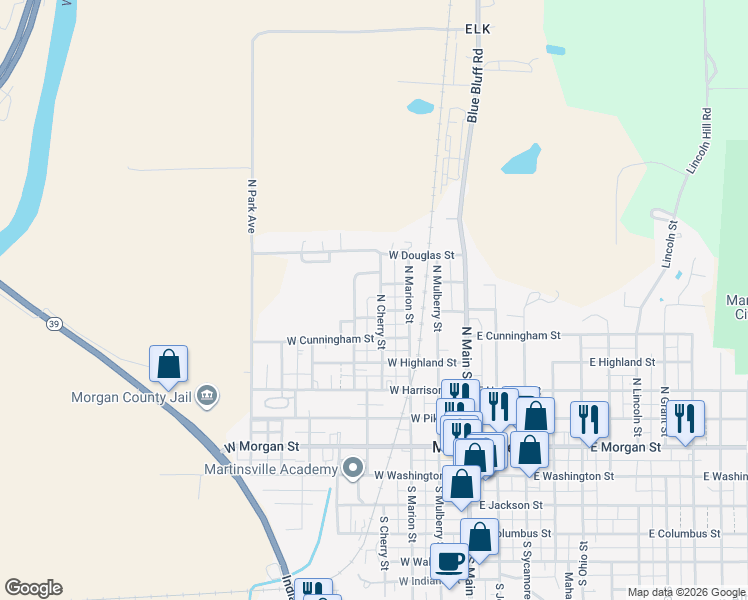 map of restaurants, bars, coffee shops, grocery stores, and more near 569 North Elliott Avenue in Martinsville