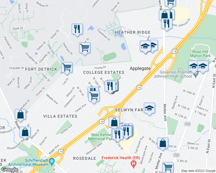 map of restaurants, bars, coffee shops, grocery stores, and more near 1104 Taney Avenue in Frederick