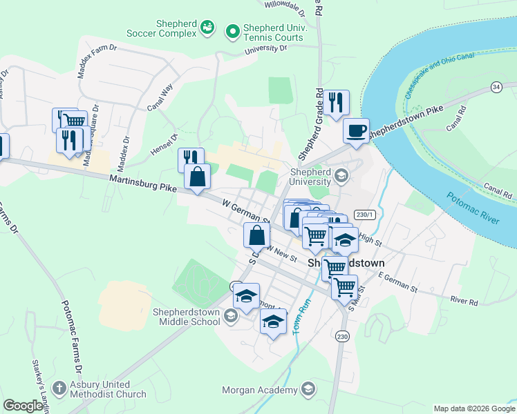 map of restaurants, bars, coffee shops, grocery stores, and more near 104 North Shoe Lane in Shepherdstown