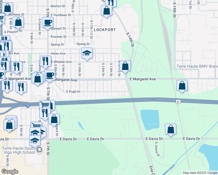 map of restaurants, bars, coffee shops, grocery stores, and more near 3001-3099 S 13th St in Terre Haute