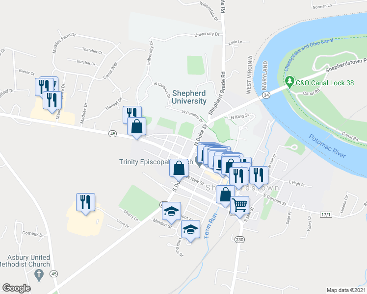 map of restaurants, bars, coffee shops, grocery stores, and more near 101 North Shoe Lane in Shepherdstown