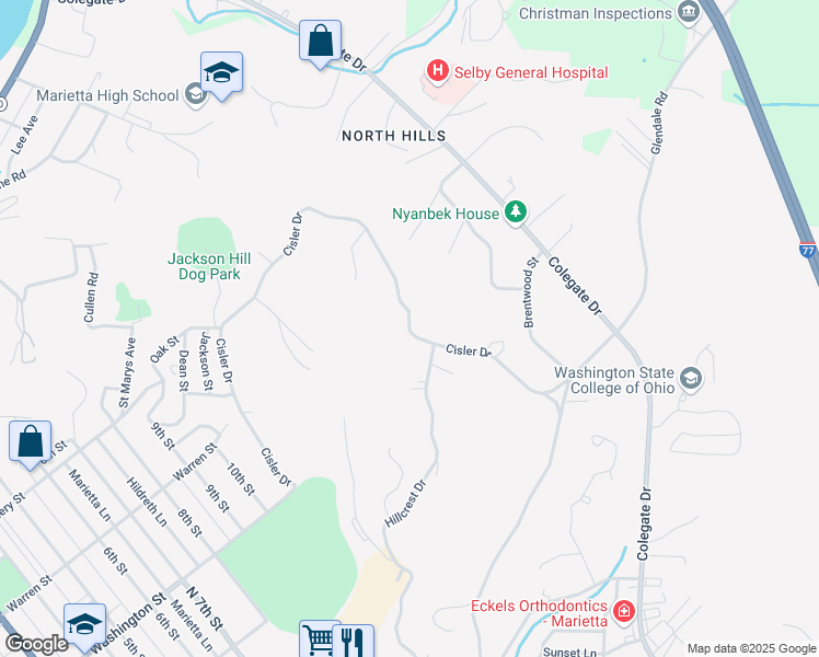 map of restaurants, bars, coffee shops, grocery stores, and more near Cisler Drive in Marietta