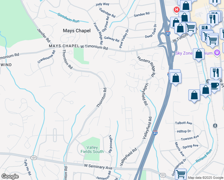 map of restaurants, bars, coffee shops, grocery stores, and more near 25 Southwark Bridge Way in Lutherville-Timonium