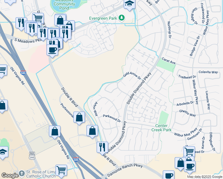 map of restaurants, bars, coffee shops, grocery stores, and more near 10675 Sterling Ridge Way in Reno